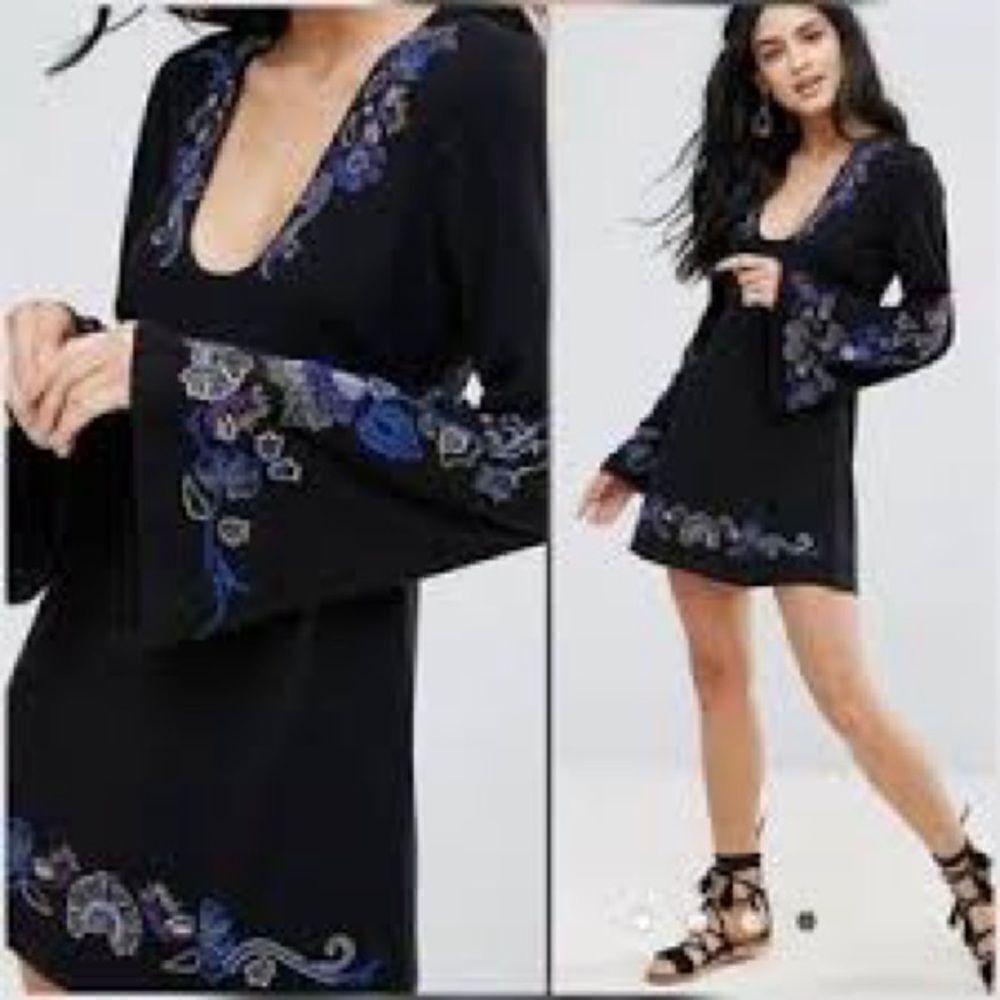 Free People Black Mini Dress with Blue and Purple Embroidery